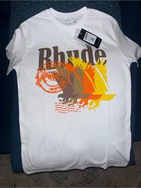 Rhude White Short Sleeve T-Shirt with Yellow, Orange & Brown Graphic